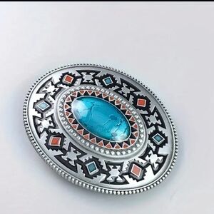 Silver and Turquoise Color Southwestern Totem Belt Buckle